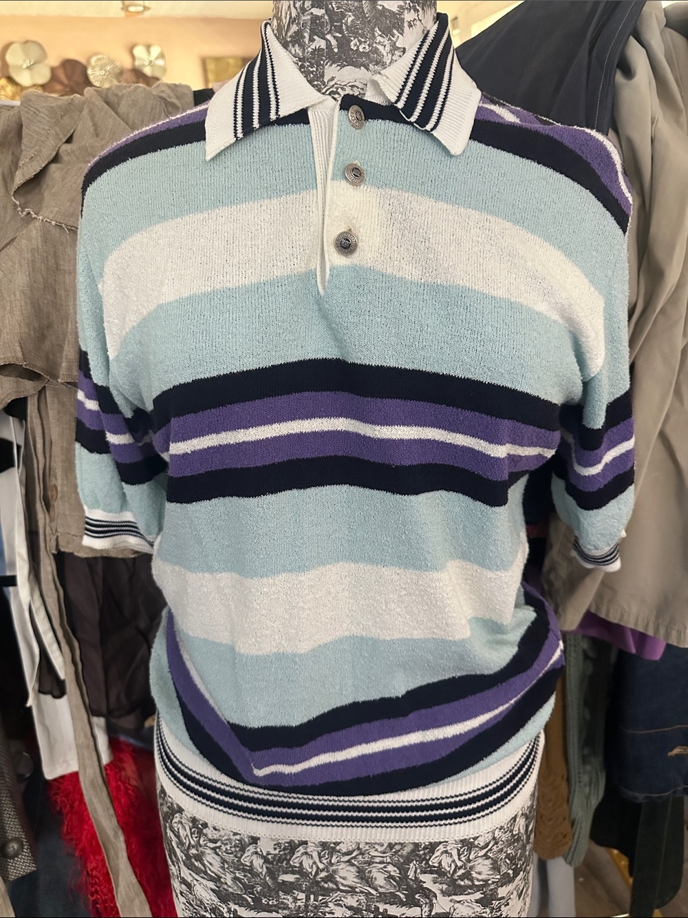 Versace Vintage Short-Sleeve Striped Polo in Light Blue, Purple, Navy, White
